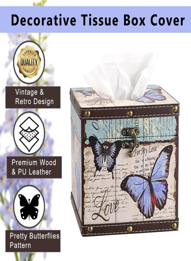Hoowen Vintage Tissue Box Cover, Wood Square Tissue Box Holder, Decorative Butterflies Design Faux Leather Tissue Holders for Table Bathroom Living Room Kitchen Office Car Home Decor, Bluish Purple - Image 4